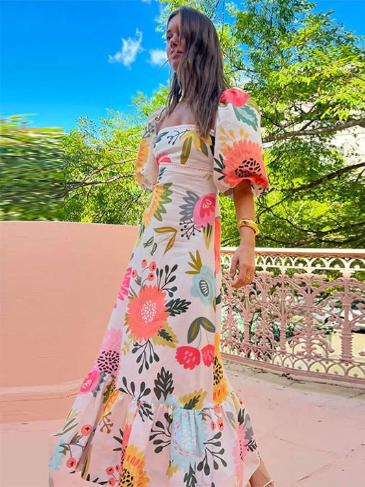 Fashion Icon Dress To impress Summer Tropical Style Flower Printed Maxi Dress Women Square Neck Short Sleeve Colorful Vestido Female Fashion Holiday Beachwear