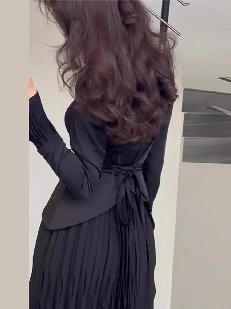 Fashion Black Pleated Irregular Blazer Women Dress Long Sleeve Lapel Patchwork Office Casual Dresses Party Evening Lady Vestidos