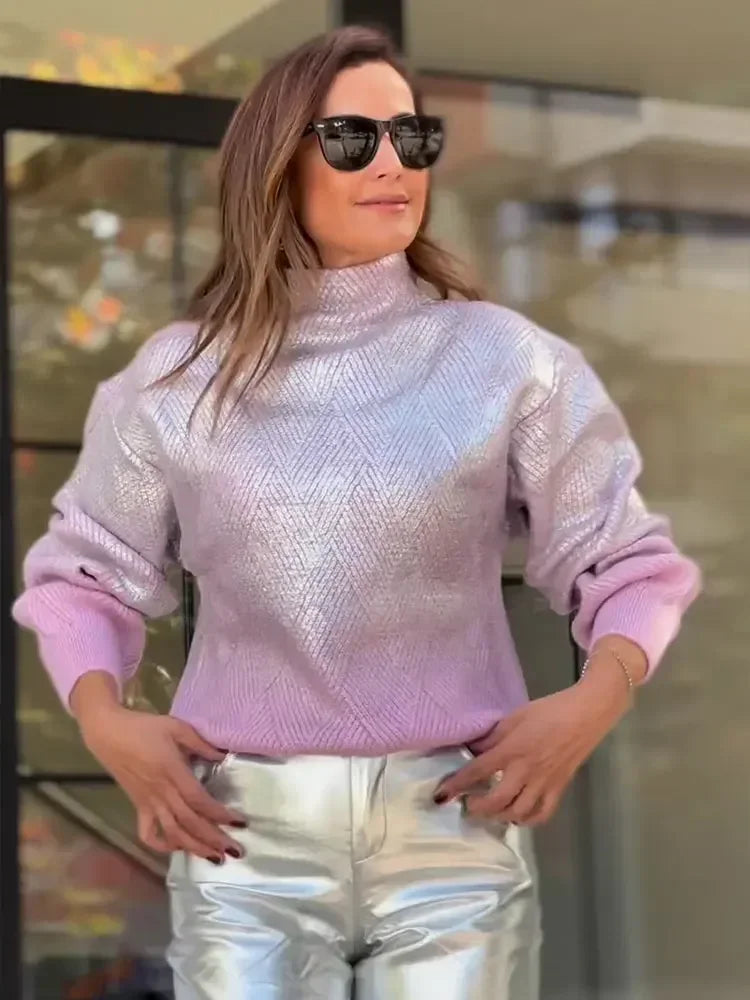 Sparkling Metal Gradient Knit Sweater Women Fashion High Collar Long Sleeves Pullover Tops Female New Elegant High Street Jumper