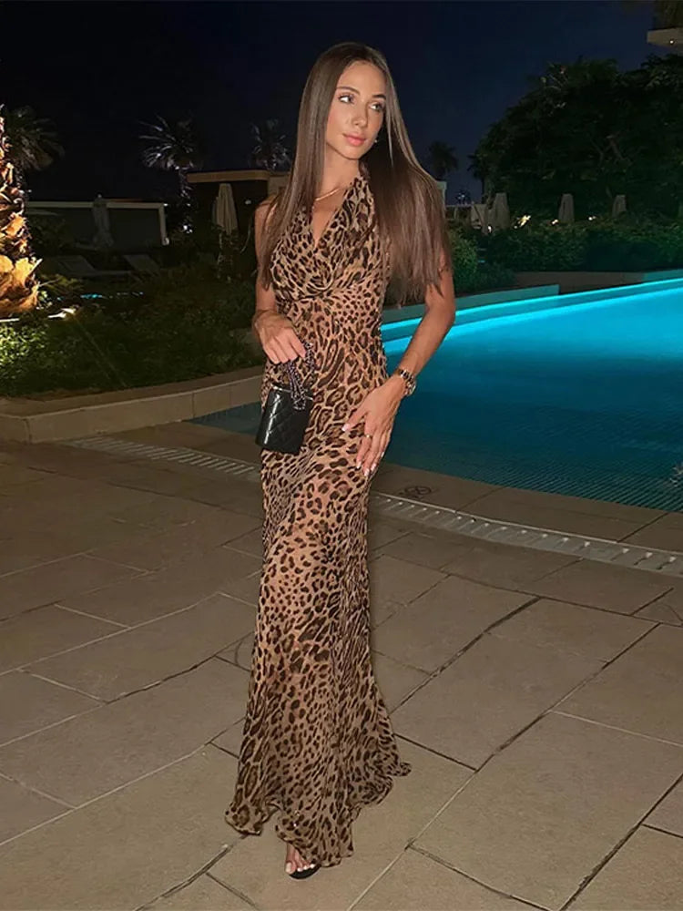 Woman Elegant V-neck Leopard Print Sleeveless Long Dress Sexy Sleeveless Backless Female Maxi Dresses Vacation Beach Robes 2024