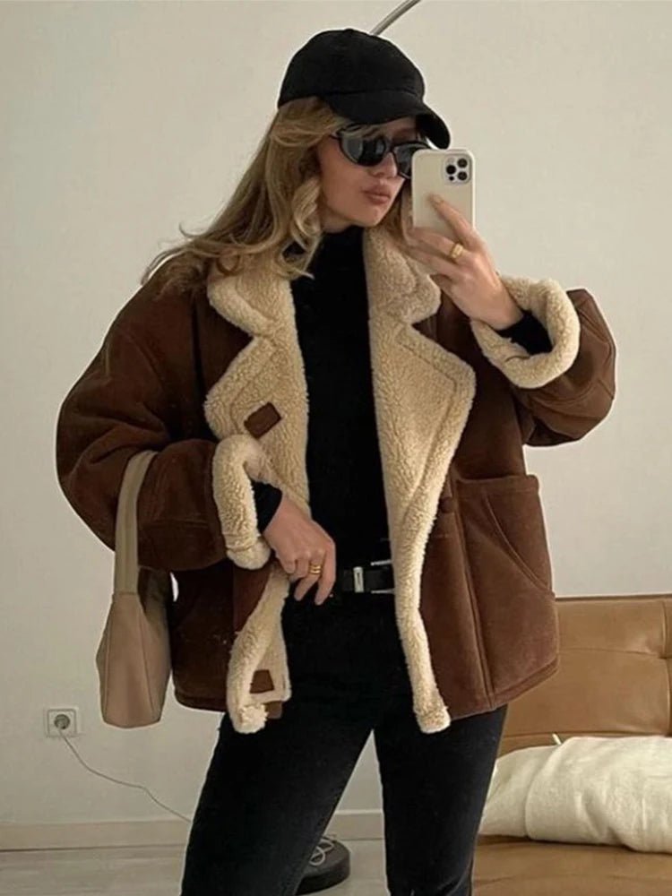 Casual Lamb Wool Solid Winter Women Coat Fashion Turn-down Collar Loose Pockets Female Jacket Autumn Winter Ladies Thick Outwear