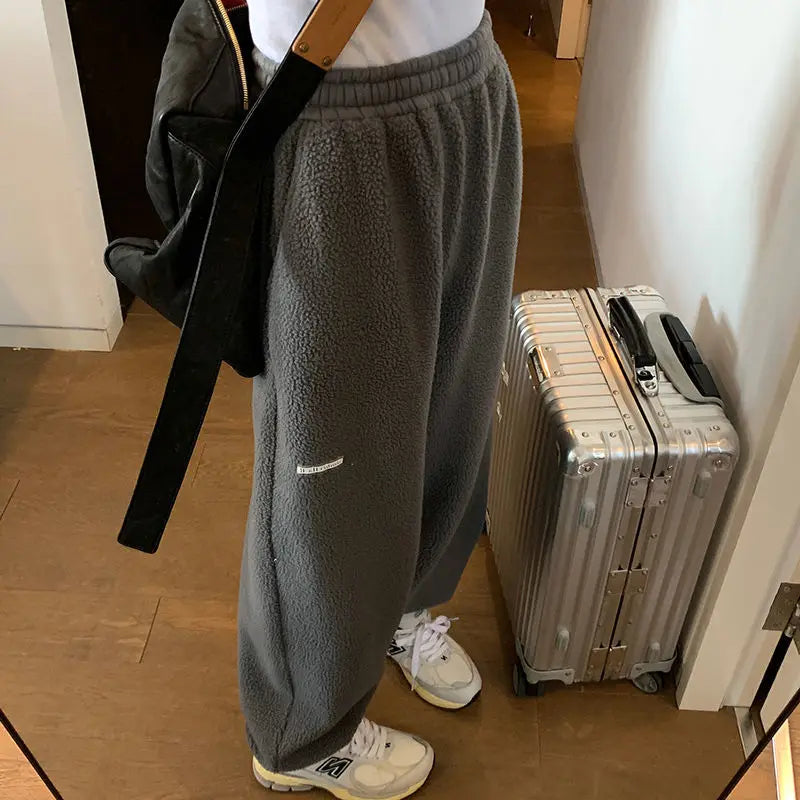 Winter Women Casual Sports Pant High Waist Jogger Fashion Sherpa Thick Beam Feet Pants Gray Loose Elastic Waist Trousers