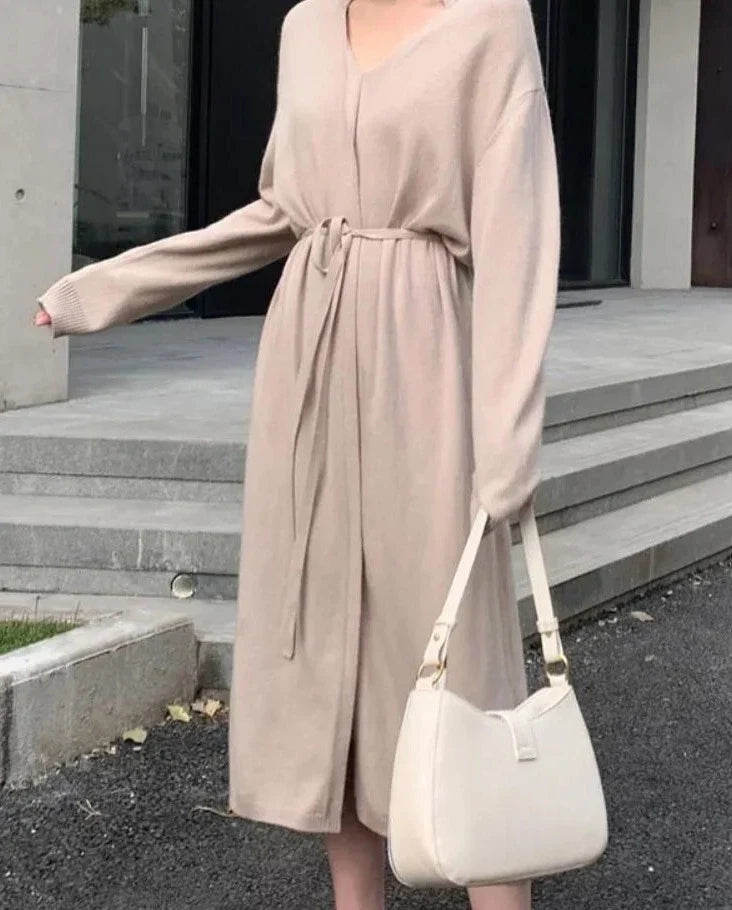 Sweater Dress for Women Autumn Winter Mid Length Underlay Outwear Over Knee Drawstring Waist Elegant Knit Dress Women's Clothing