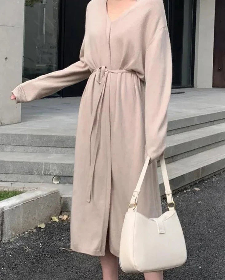 Sweater Dress for Women Autumn Winter Mid Length Underlay Outwear Over Knee Drawstring Waist Elegant Knit Dress Women's Clothing