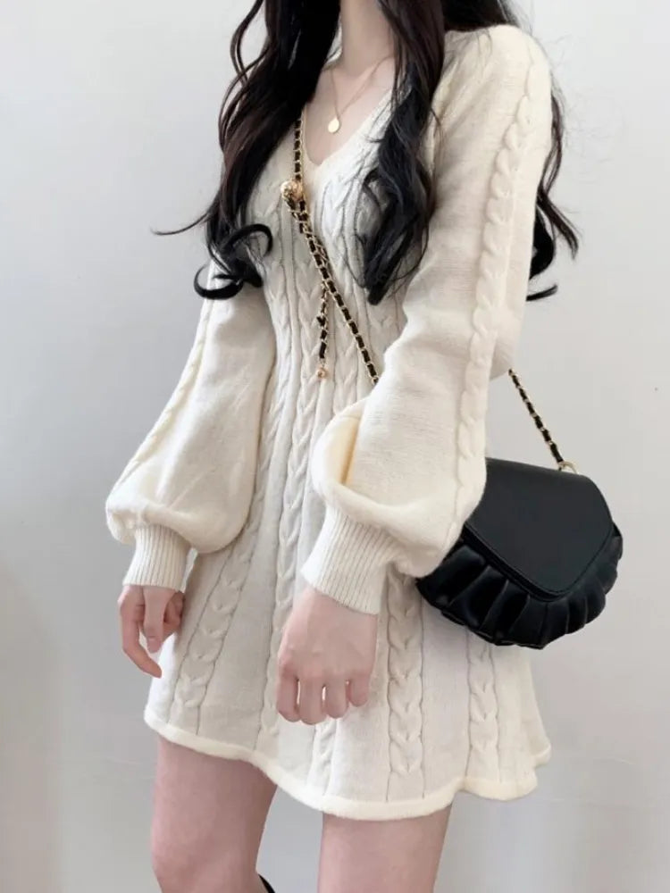 QWEEK Knit Knitted Sweater Mini Dress Women Casual Lantern Sleeve Short Dresses 2023 Autumn Winter V-neck Outfits Female