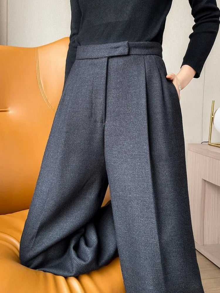 warmmeta Gray Pants for Women Solid Wool Suit Women Pants High Waist Fashion New Wide Leg Pants Autumn Winter Thickening Women' S Pants