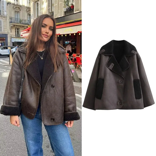 Woman Thick Faux Leather Jackets for Women Autumn Winter Warm Wool Blends Coats Demi-season Plush Jacket Outerwear