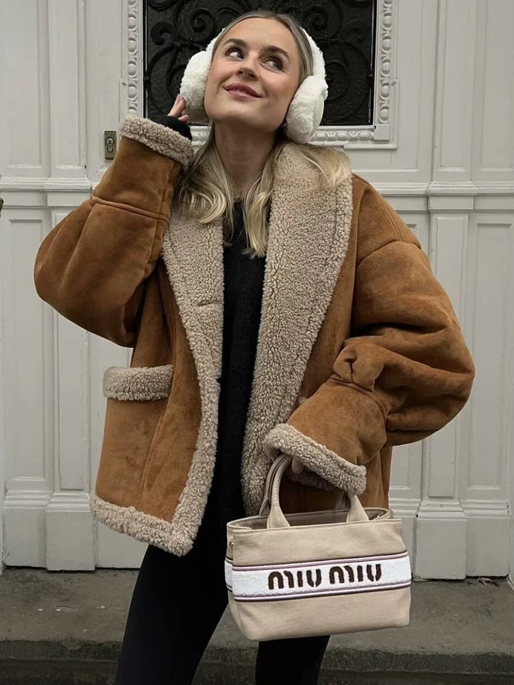 Y2K TRAF Suede Lamb Wool Jackets for Women 2024 Winter Loose Coat Female Chic Single-breasted with Pockets Lapel Outerwear Coats