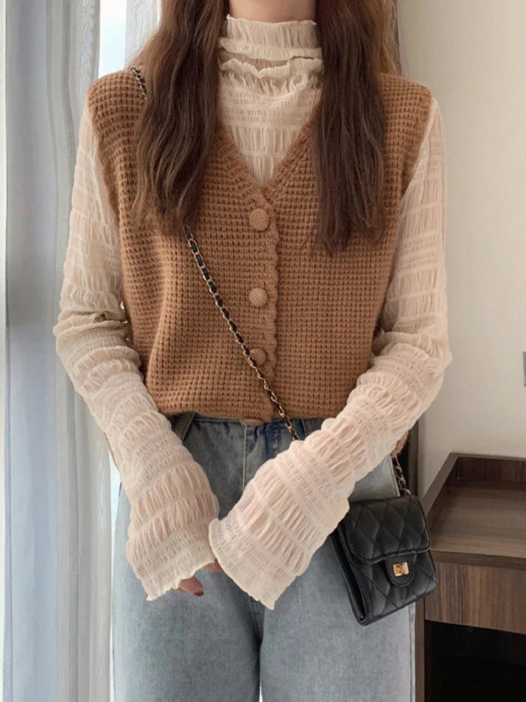 Vintage Sweater Vest Women Autumn Casual Sleeveless Knitted Cardigan Vest Female Korean Fashion Preppy Style Waistcoat Knitwears