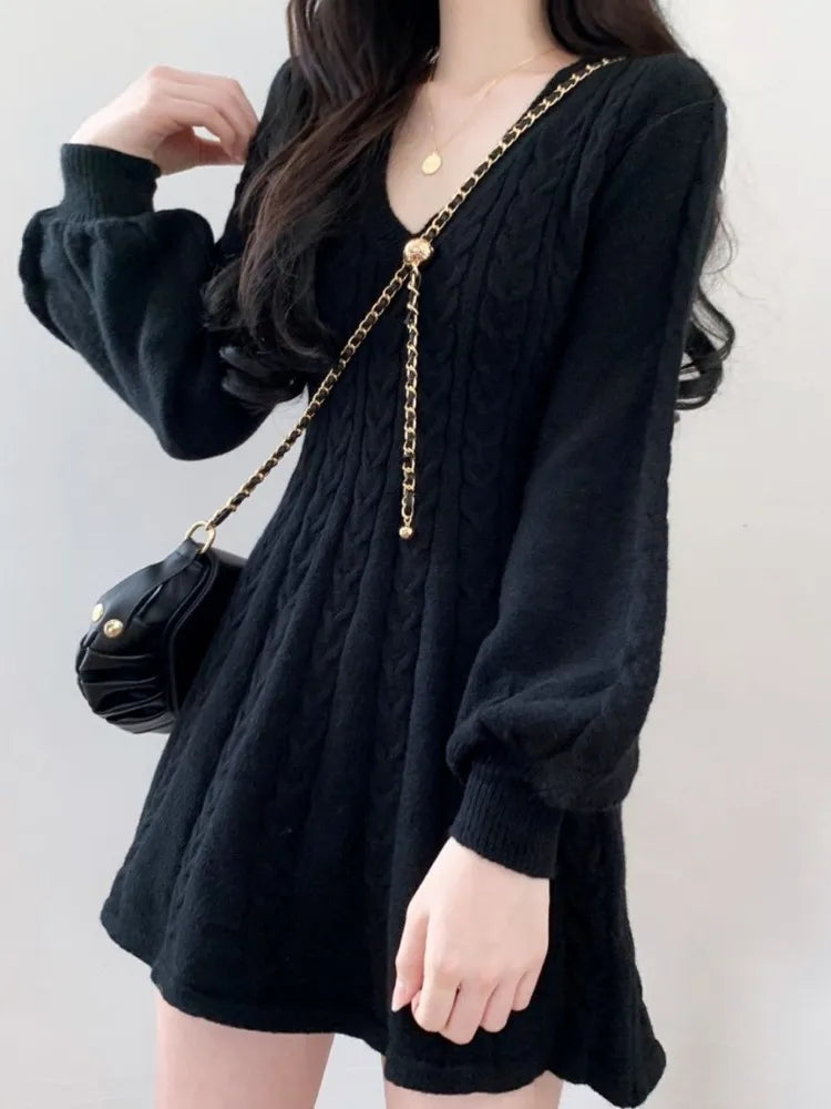 QWEEK Knit Knitted Sweater Mini Dress Women Casual Lantern Sleeve Short Dresses 2023 Autumn Winter V-neck Outfits Female