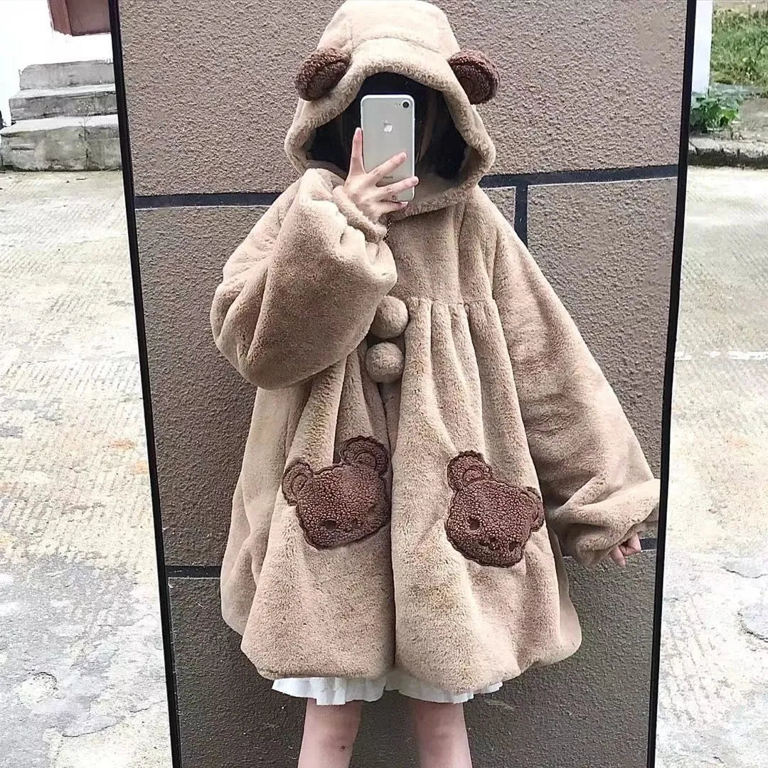 Little Bear Wool Coat Girl Preppy 2022 Autumn Winter Cute Pocket Hooded Bear Ears Thicken h Jacket Kwaii Clothes