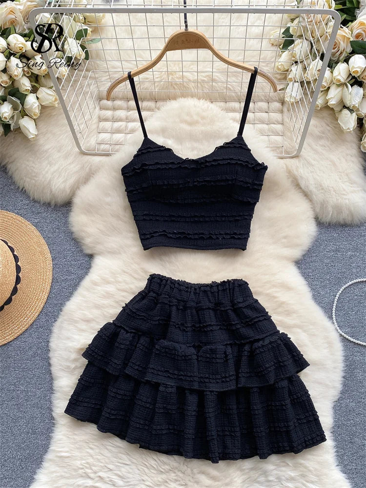 Sweet Ruched Two Pieces Sets V Neck Strap Crop Tops+Short Pleated Skirt Women Korean Style Chic Summer Beachwear Suits