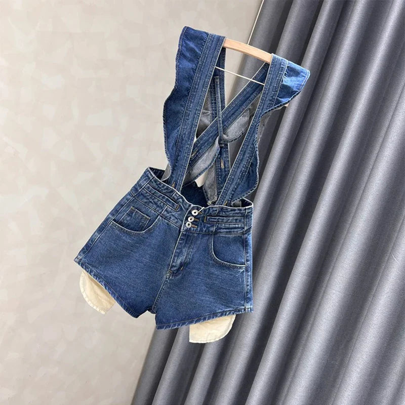 warmmeta-Large Size Denim Strap Shorts Women's Summer High Waisted A-line Jumpsuit Pants Sweet Ruffled Edge Short Jeans Size S-5XL