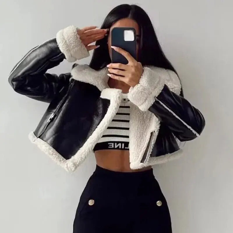 Women's Cropped Leather Jacket Coat Black Wool Blends Coats Bomber Tweed Jacket Autumn Winter Leather and Fur Crop Jacket