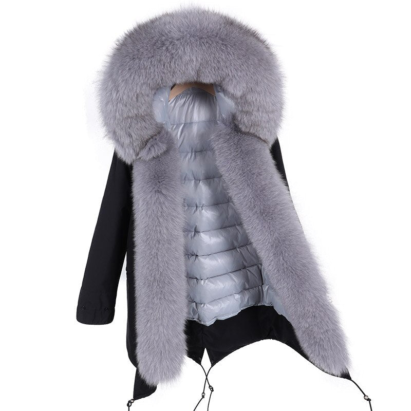 warmmeta 2023 Winter Hooded Thick Natural Real Raccoon Fur Collar Placket with Cuffs Down Jacket Woman Parkas Long Puffer Coat