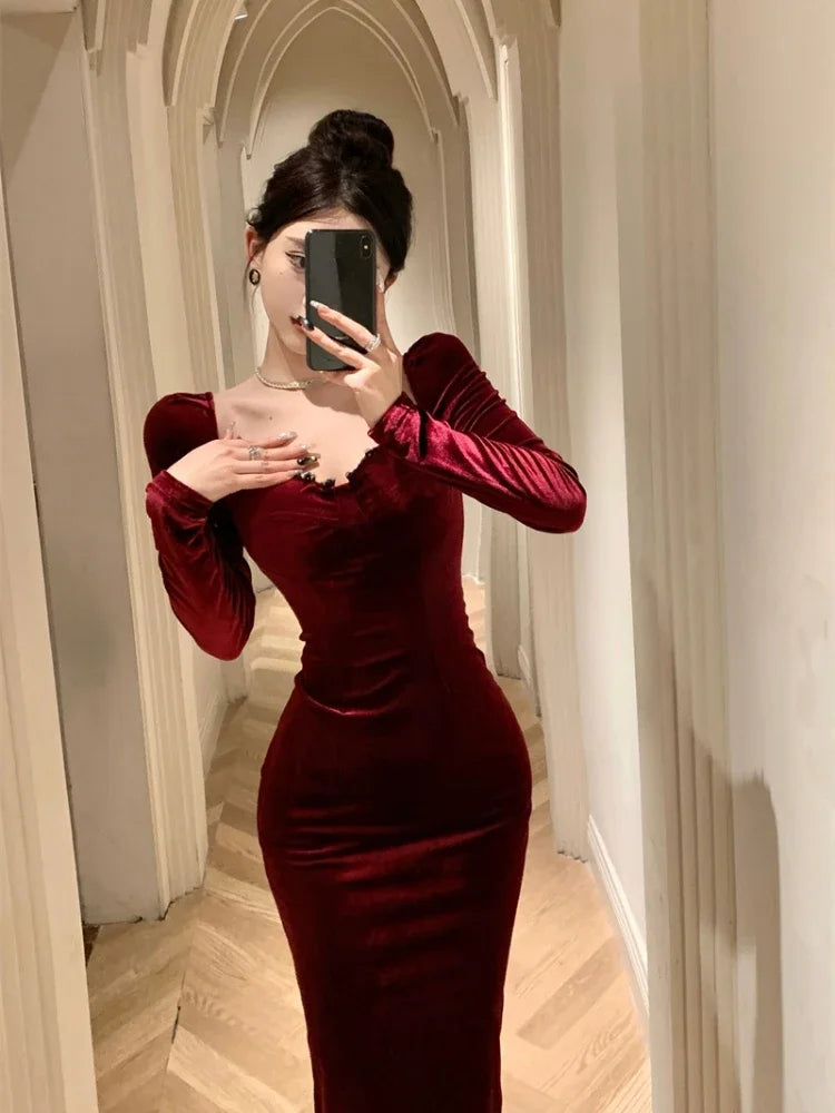 WARMMETA Autumn Winter Dresses Women Elegant Sexy Square Collar Slim Long Sleeve Vintage Velvet Dress Female French Style Chic