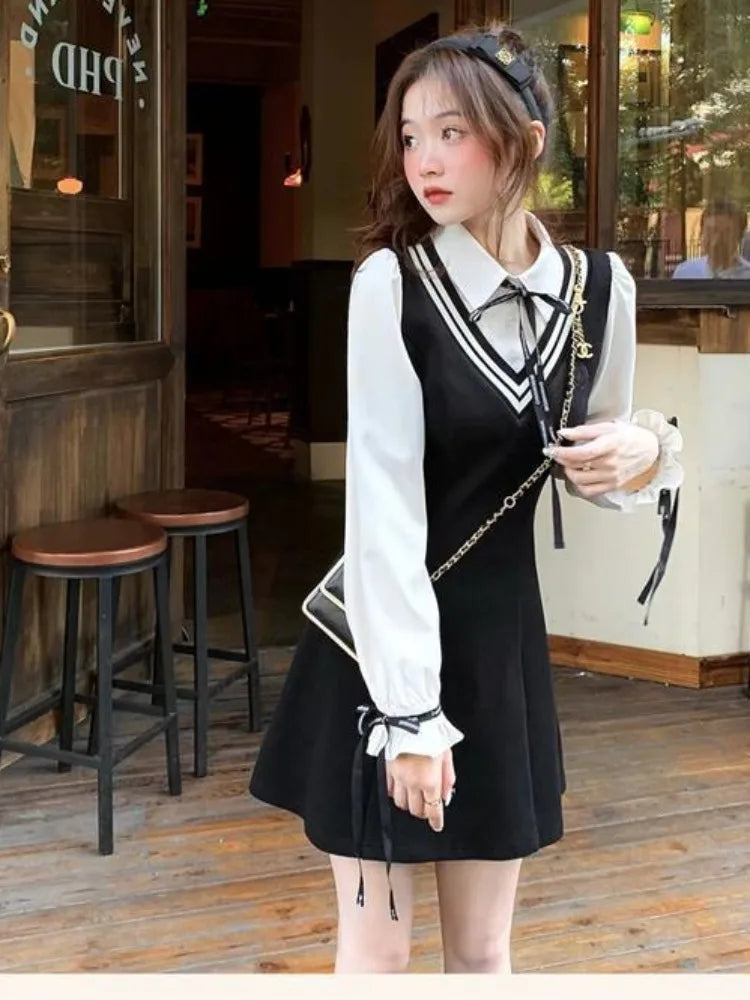 QWEEK Preppy Style School Dress Polo Korean Fashion Kawaii Student Fake Two Pieces Mini Short Dresses 2023 Autumn Chic