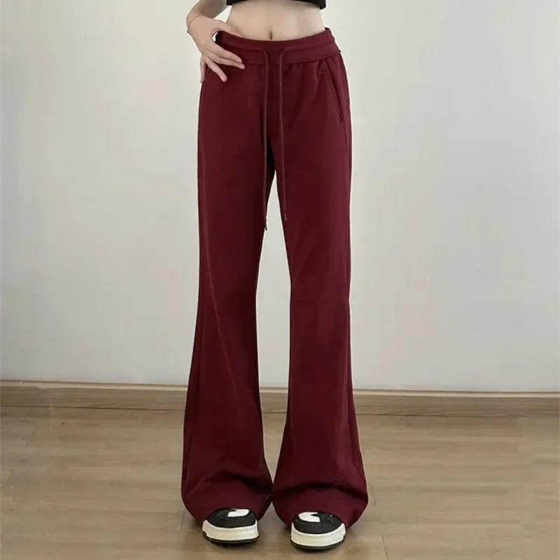 Autumn New High Waist Slim Micro Flare Pants Women's Solid Drawstring Pocket Korean Fashion Commuter Versatile Straight Trousers