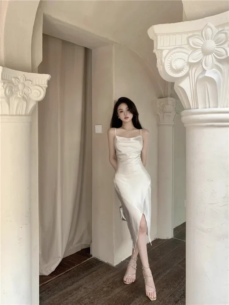 WARMMETA Summer New Elegant Dresses Women French Style Sexy Swinging Collar Satin Sleeveless Slim White Dress Ladies Stylish