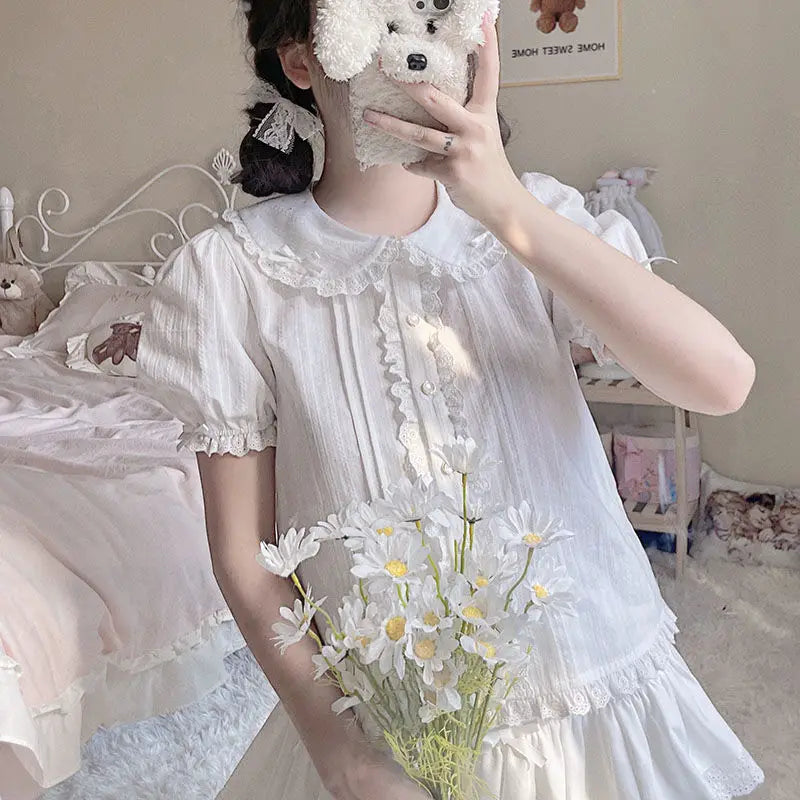 2024 Summer Jk Shirts Women Kawaii Peter Pan Collar Japanese Style Lolita White Lace Mesh Blouse Student Top Daily Sweet Fashion