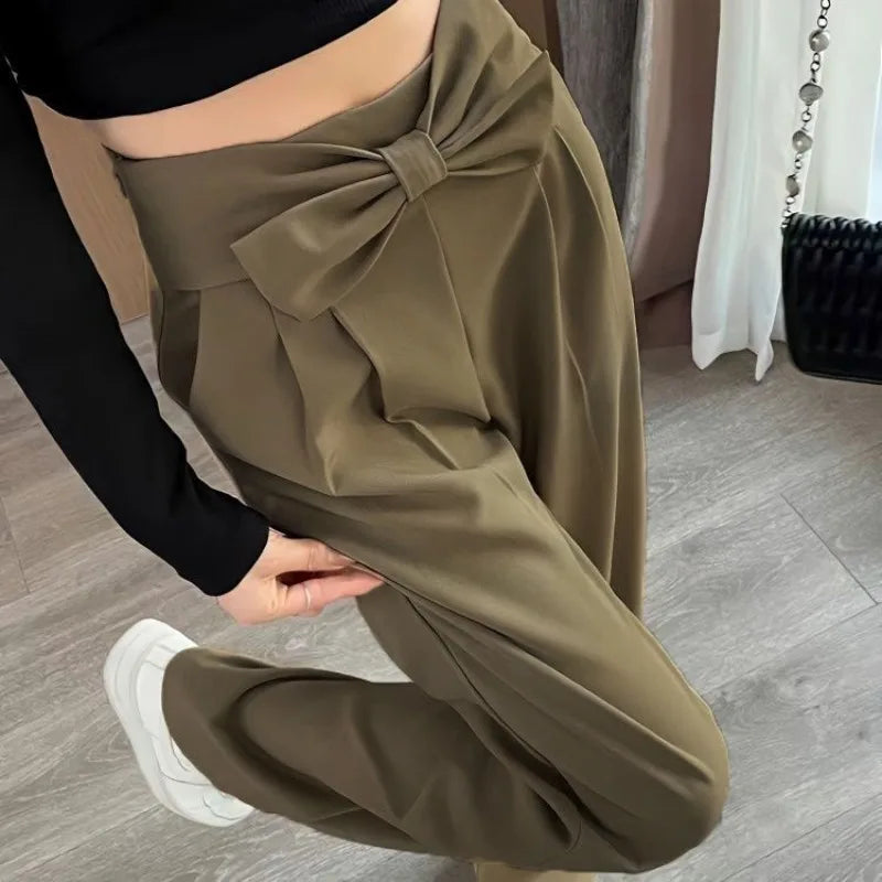 Women's Clothing Solid Color Bow Pockets Elastic High Waisted Chiffon Casual Wide Leg Trouser Suits Spring Summer Sweet Pants