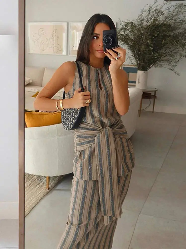 Chic Striped Printed Hollow Out Skirts Suit Women Elegant O Neck Lace Up Tank Midi Skirt Set Summer Office Lady Vacation Outfit