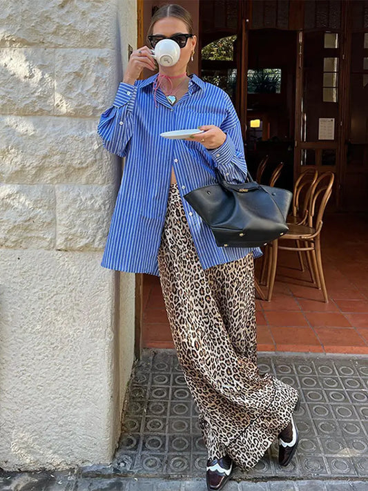 Casual Loose Leopard Print Wide-leg Pants Women Fashion High Waist Long Trouser 2024 Spring Lady Office Vintage High Streetwear