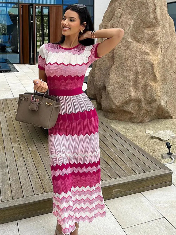 Women Contrast Knitted Slim Maxi Dress Fashion Round Neck Short Sleeve Dresses 2023 Autumn Elegant Lady Vacation Street Vestido