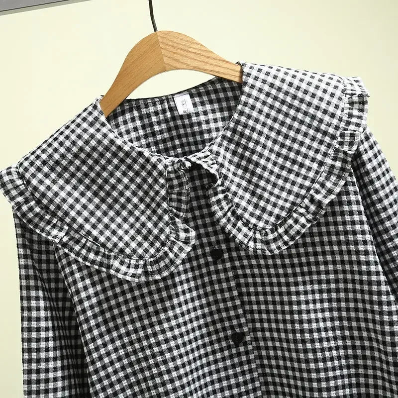 warmmeta-Women Blouse Spring Black  White Plaid Long Sleeve Loose-Fitting Shirt Coat Top Blusas Ropa De Mujer