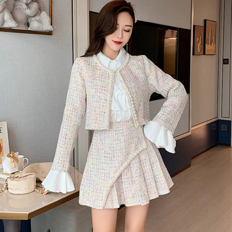 warmmeta-New 2024 High Quality Women Autumn Winter 3 Piece Sets Lady Fashion Elegant Slim Coat Skirt Shirt Three-piece Suit Tweed Sets