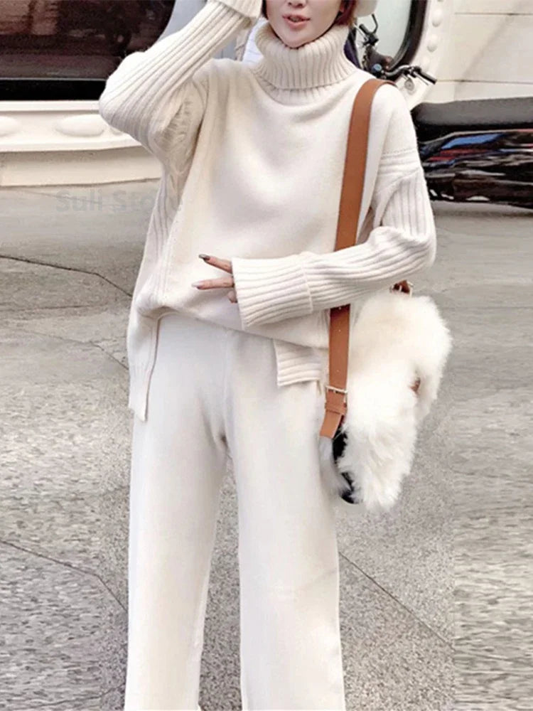 Sweater Set Warm suit for Women Winter Knitted Suits 2 Piece Set Soild Turtleneck Sweater + Loose Trousers Office Lady Suit