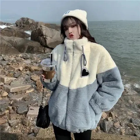 CHIC Fake Two Imitation Lambswool Hooded Coat Women's Autumn and Winter 2023 New Thick High-grade Cardigan Long Joker Plush Coat