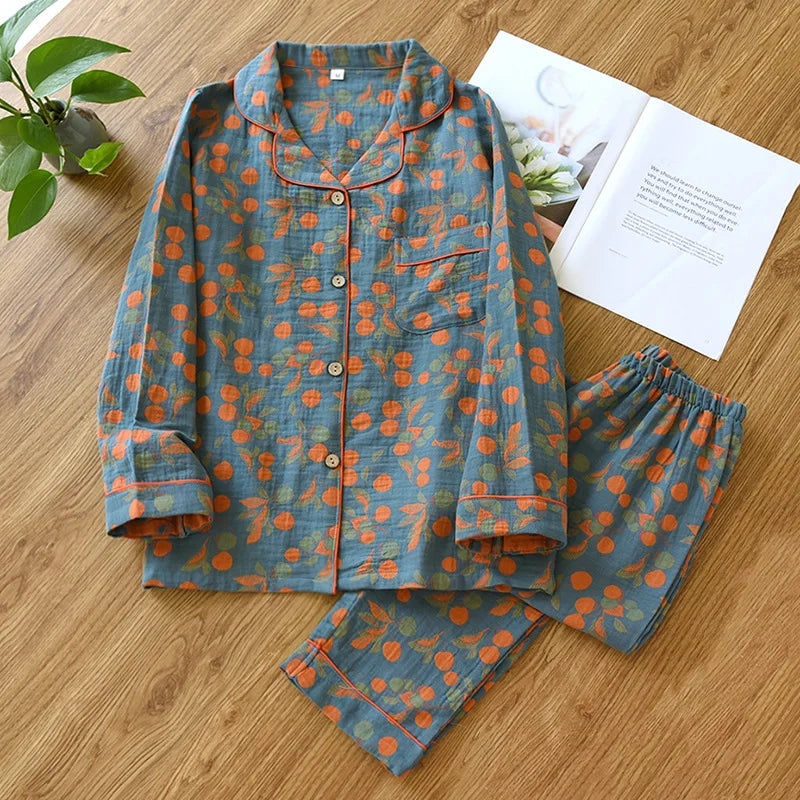 2023 Japanese Spring and Autumn New Women's Pajama Set 100% Cotton Vintage Long sleeved Pants Two Piece Set for Home Furnishings