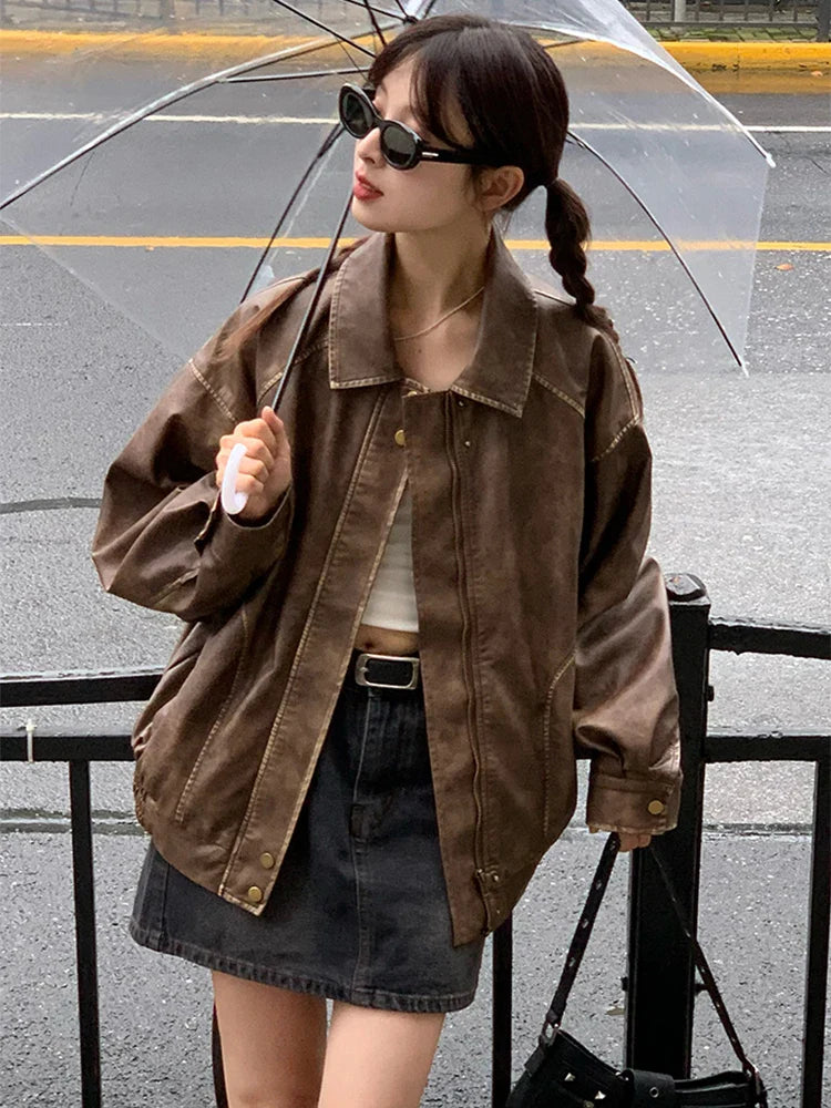 warmmeta 2 New Fall Winter Womwn American Vintage Pu Coat Zip Up Faux Leather Old Money Bomber Jacket Classical Oversize Outwear Aesthetic