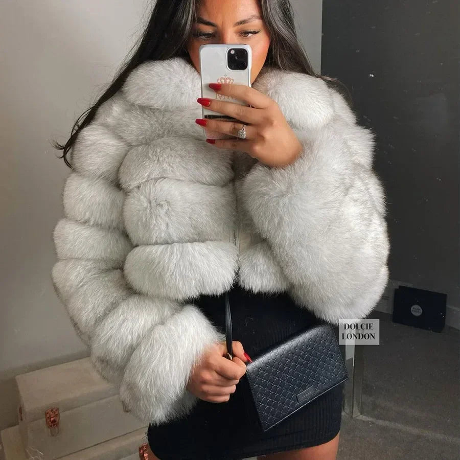 warmmeta Real Fur Jacket  Women Winter Short Natural real Fox Fur Lady Zipper Fur Coat Female Warm Jacket  with Collar