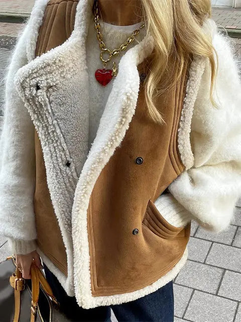 2024 Winter Women Y2K Lambwool Faux Fur Coat Patchwork Short Jacket Woman Bomber Jacket Long Sleeve Zip Up Fleece Cropped Jacket