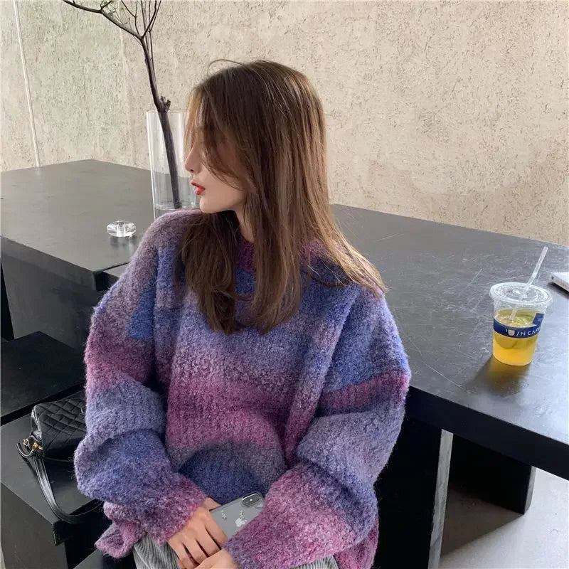 Retro Japanese thick sweater loose lazy female outer wear tie-dye gradient color winter new women knitted sweater sweater