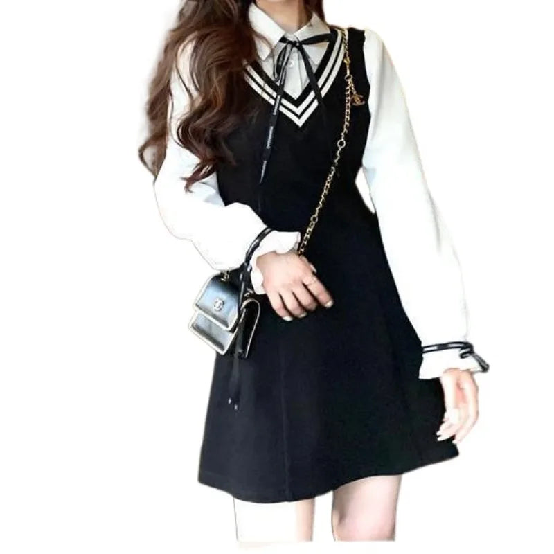 QWEEK Preppy Style School Dress Polo Korean Fashion Kawaii Student Fake Two Pieces Mini Short Dresses 2023 Autumn Chic