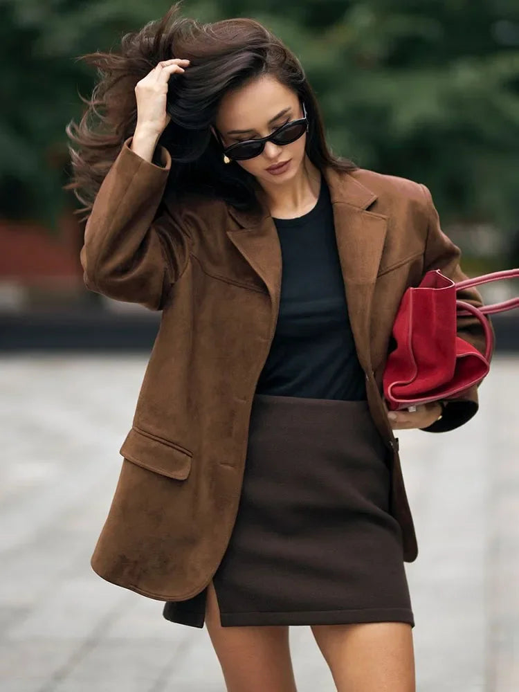 Retro Brown Lapel With Pocket Jacket Woman Fashion Buttons Long Sleeve Short Coat Female Autumn High Street Outwear