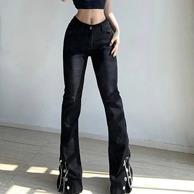 Women's Gothic Black Cargo Pants Aesthetic Harajuku Bandage Goth Pant Y2K Streetwear Vintage Punk Wide Leg Baggy Trousers