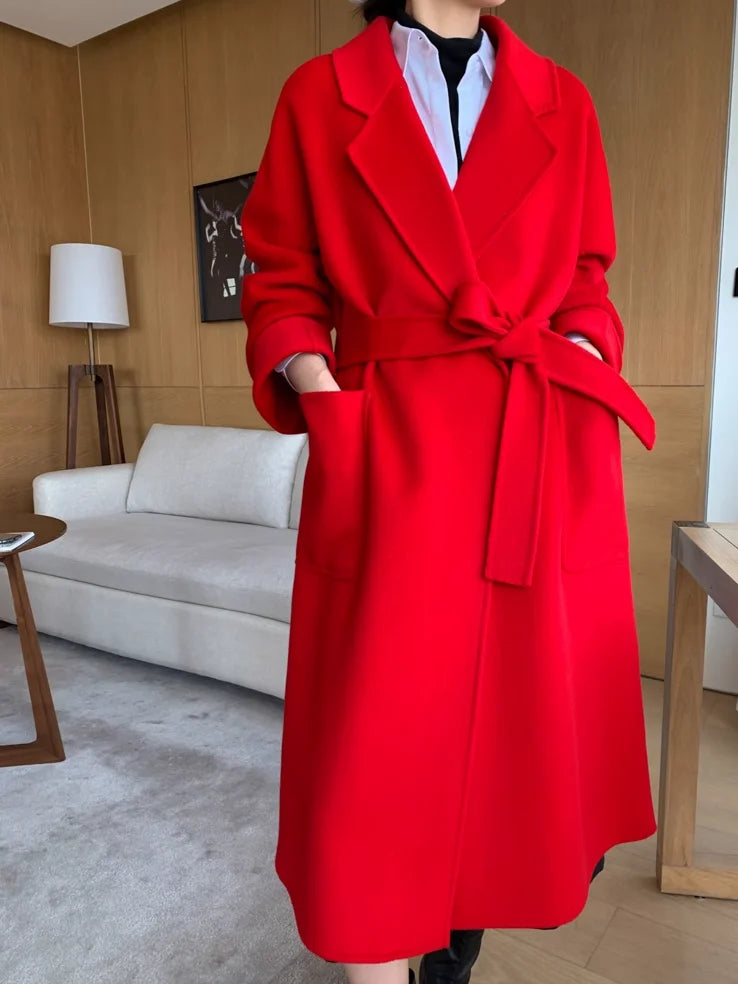 Double-Sided Cashmere Coat For Women In Autumn And Winter 2023, New High-End Lapel Belt, Loose And Long Knee Length Wool Woolen