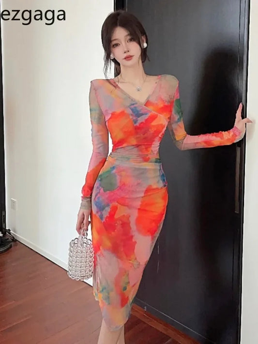 WARMMETA Fashion Sexy Woman Dress Oil Painting Blooming Autumn Winter Slim Elegant Long Sleeve V Neck Vintage Dresses Chic