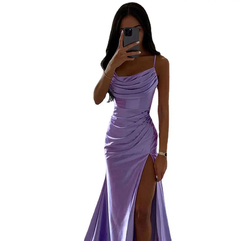 WARMMETA Satin Backless Side Split Maxi Dress Women 2024 Summer Sexy Slim Off Shoulder Ruched Bodycon Female Party Evening Dresses