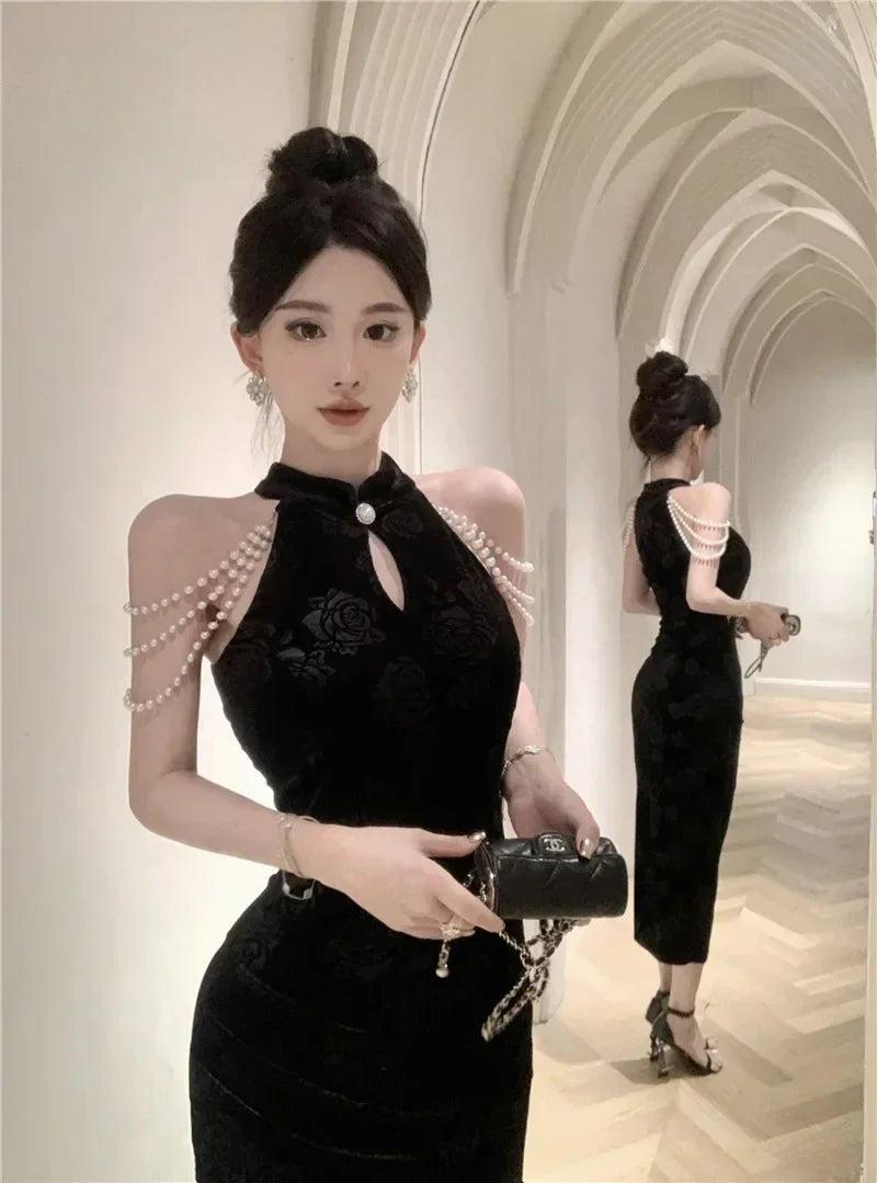 WARMMETA Hot Girl Retro Long Dress Children's Autumn Elegant Velvet Embossed Pearl Chain Cheongsam Dress Fashion Female Clothes