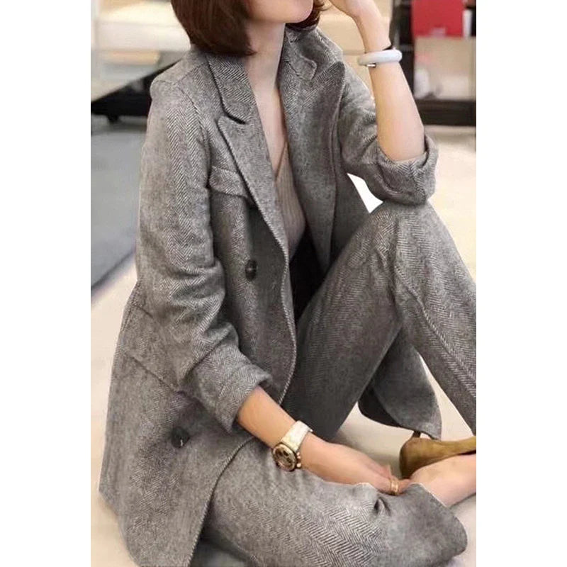 Women Woolen Blazer and Pantsuits Chic Elegant Korean Fashion Trousers Outfits Autumn New Female Suit Jacket 2 Piece Sets