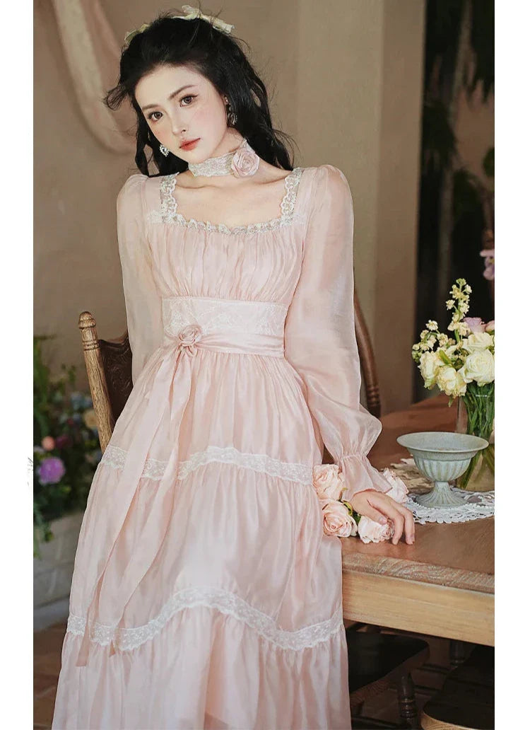 Rosepetal River Fairycore Princess Dress with Choker Necklace