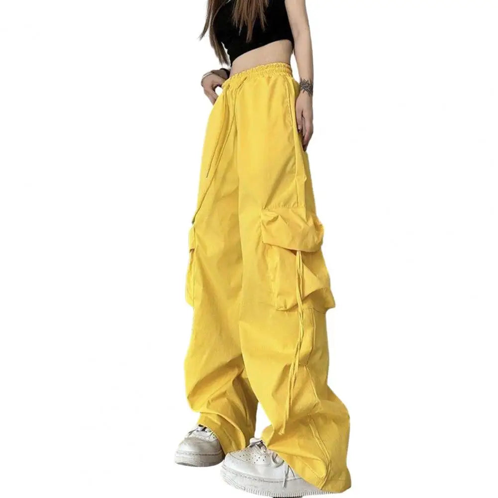 Retro Women Elastic High Waist Cargo Pants Drawstring Multi Pockets Straight Wide Leg Casual Long Trousers Streetwear