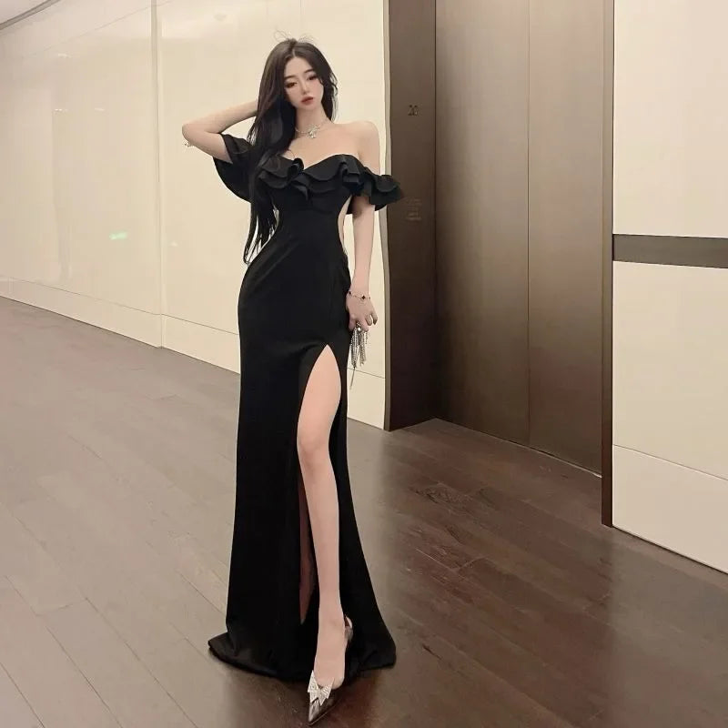 WARMMETA Temperament Dresses Women Fashion Elegant Slash Neck Split Ruffles Off Shoulder Backless Party Dress Ladies Sexy