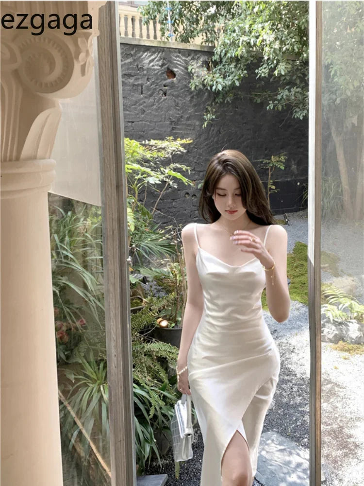 WARMMETA Summer New Elegant Dresses Women French Style Sexy Swinging Collar Satin Sleeveless Slim White Dress Ladies Stylish