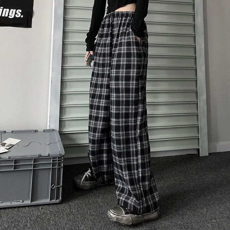 Jmprs Oversize Women Sweatpants Summer Fashion Black Plaid Casual Pants Elastic Waist Casual Pockets Student Trousers